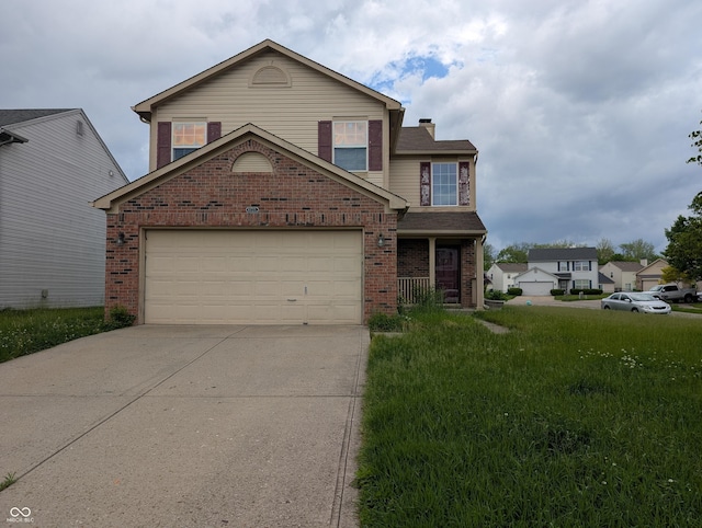 10722 Mistflower Way, Indianapolis, IN 46235 - traditional-style house with brick siding, driveway, a chimney, an attached garage, and a front lawn