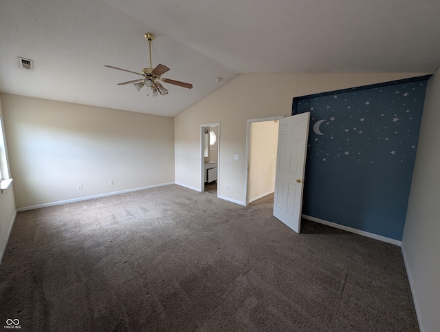 10722 Mistflower Way, Indianapolis, IN 46235 - empty room featuring a ceiling fan, vaulted ceiling, carpet, and baseboards