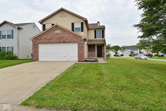 10722 Mistflower Way, Indianapolis, IN 46235 - traditional-style home with brick siding, an attached garage, a front lawn, driveway, and a chimney