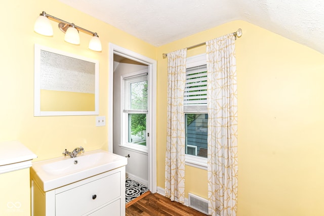 2526 Dell Zell Dr, Indianapolis, IN 46220 - bathroom with a textured ceiling, wood finished floors, vanity, baseboards, and vaulted ceiling