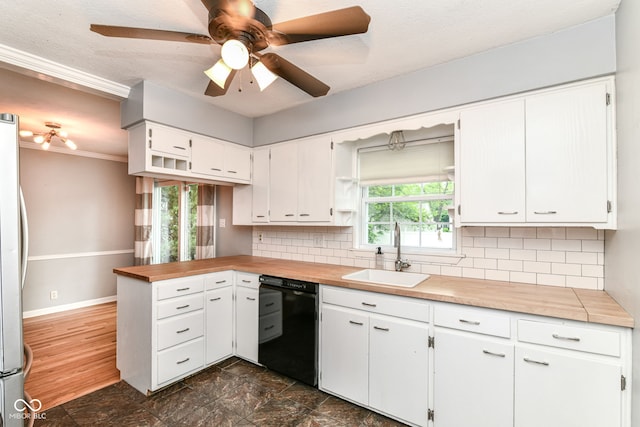 2526 Dell Zell Dr, Indianapolis, IN 46220 - kitchen with dishwasher, a sink, decorative backsplash, wood counters, and ornamental molding