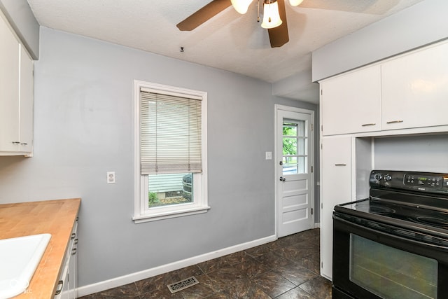 2526 Dell Zell Dr, Indianapolis, IN 46220 - kitchen with electric range, wooden counters, a sink, baseboards, and white cabinetry