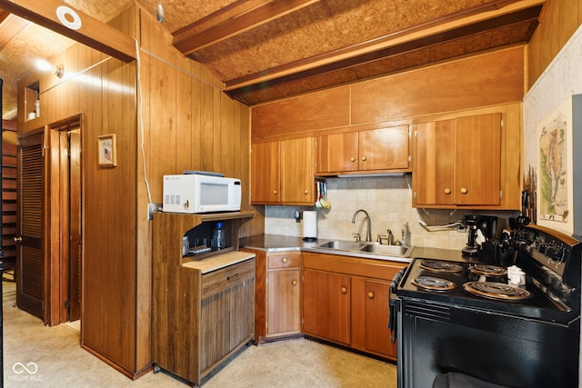 8434 S Christian Dr, Nineveh, IN 46164 - kitchen with electric range, a sink, white microwave, tasteful backsplash, and beam ceiling
