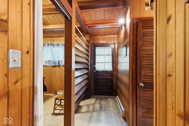 8434 S Christian Dr, Nineveh, IN 46164 - entryway with wooden walls, a baseboard heating unit, carpet, baseboard heating, and wood ceiling