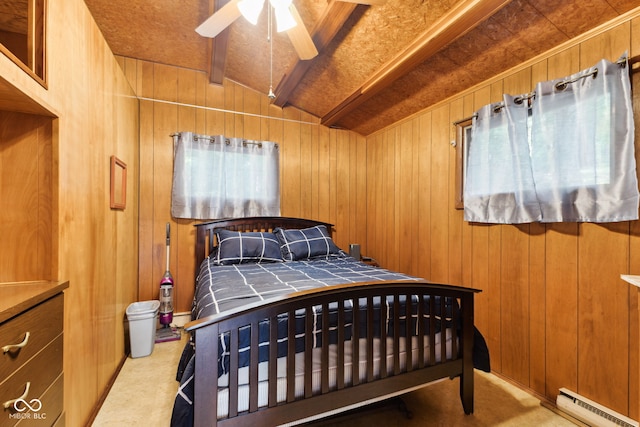 8434 S Christian Dr, Nineveh, IN 46164 - bedroom featuring a baseboard radiator, wood walls, carpet floors, and a ceiling fan