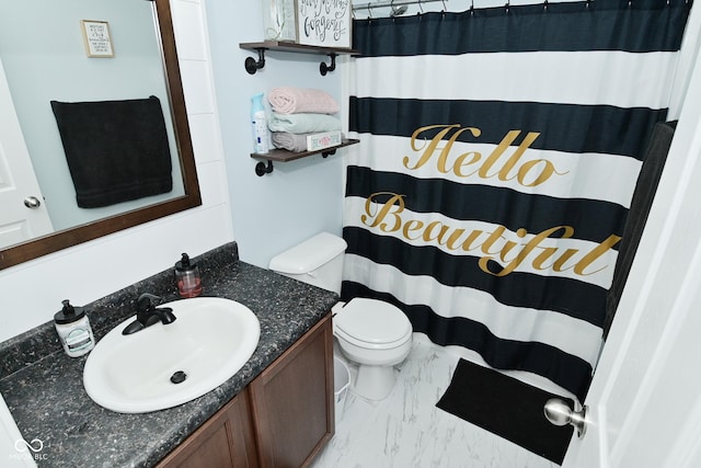 7515 Brattle Dr, Indianapolis, IN 46113 - full bathroom featuring toilet, vanity, marble finish flooring, and a shower with shower curtain