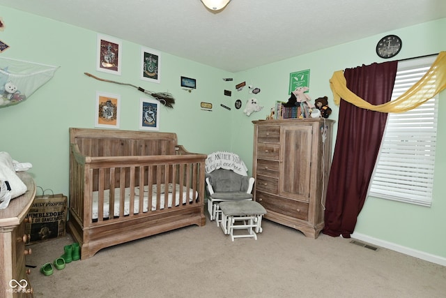 7515 Brattle Dr, Indianapolis, IN 46113 - bedroom featuring carpet floors, baseboards, a nursery area, and a textured ceiling