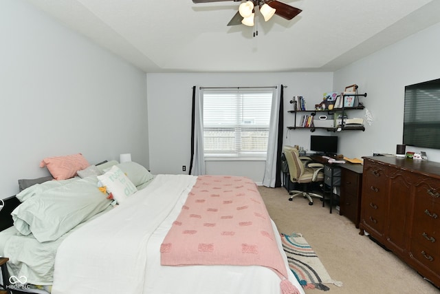 7515 Brattle Dr, Indianapolis, IN 46113 - bedroom with light carpet, a desk, and a ceiling fan