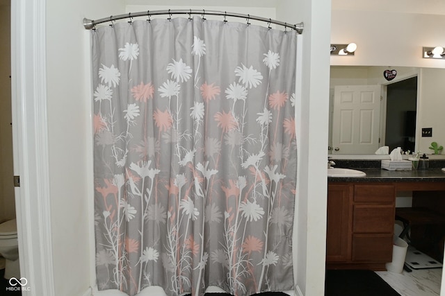 7515 Brattle Dr, Indianapolis, IN 46113 - full bathroom featuring toilet, vanity, and a shower with curtain
