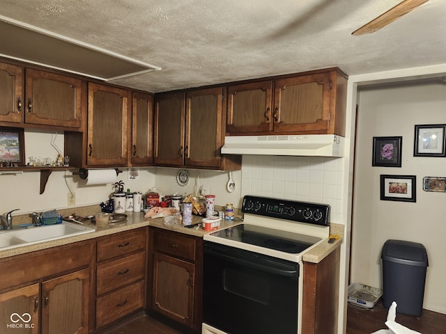 10307 Orchard Park Dr S, Carmel, IN 46280 - kitchen with electric stove, under cabinet range hood, a textured ceiling, light countertops, and a sink