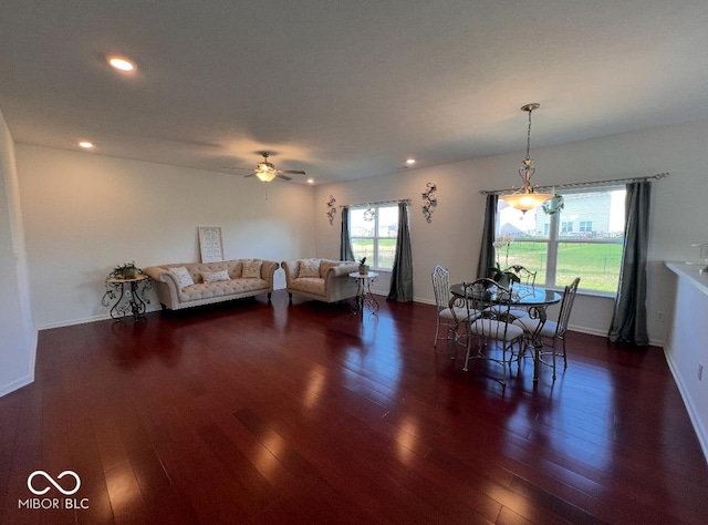 808 Capricorn Dr, Franklin, IN 46131 - dining area featuring dark wood-style flooring, ceiling fan, recessed lighting, and baseboards