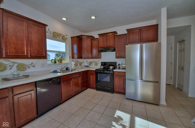 808 Capricorn Dr, Franklin, IN 46131 - kitchen featuring black appliances, a sink, under cabinet range hood, light countertops, and recessed lighting