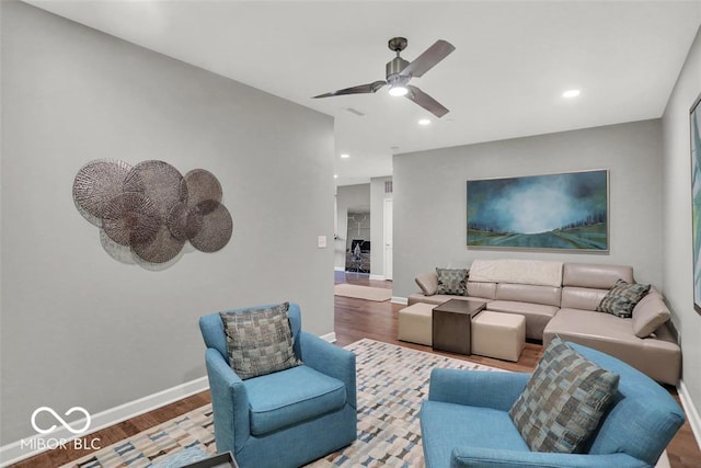 435 Virginia Ave Unit 108, Indianapolis, IN 46203 - living room with wood finished floors, baseboards, ceiling fan, and recessed lighting
