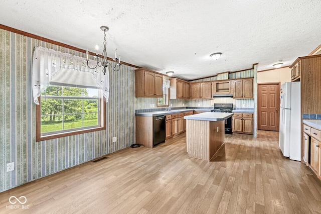 5428 S 525 W, Williamsport, IN 47993 - kitchen with wallpapered walls, black appliances, light wood-style flooring, a textured ceiling, and a kitchen island