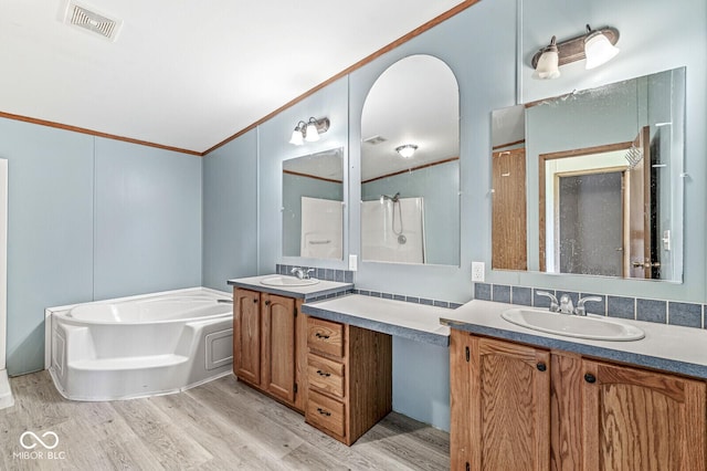 5428 S 525 W, Williamsport, IN 47993 - bathroom featuring a garden tub, wood finished floors, vanity, and crown molding