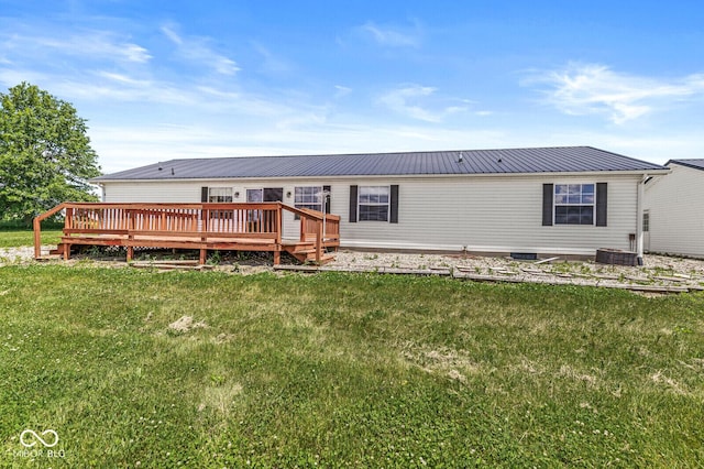 5428 S 525 W, Williamsport, IN 47993 - rear view of property with a wooden deck, metal roof, a lawn, and cooling unit