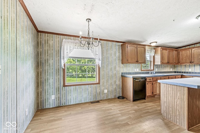 5428 S 525 W, Williamsport, IN 47993 - kitchen featuring dishwasher, a textured ceiling, light wood-type flooring, a sink, and a chandelier