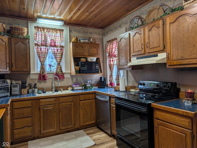 150 W Walnut St, North Vernon, IN 47265 - kitchen featuring black appliances, under cabinet range hood, a sink, brown cabinetry, and wooden ceiling