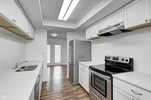 5097 Vantage Point Rd Unit B 2, Avon, IN 46123 - kitchen with stainless steel appliances, under cabinet range hood, a sink, a raised ceiling, and dark wood finished floors