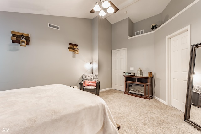 11919 Gatwick View Dr, Fishers, IN 46037 - carpeted bedroom featuring baseboards, high vaulted ceiling, and ceiling fan