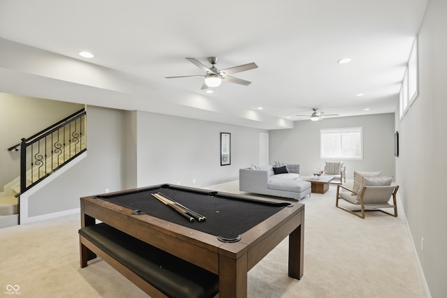 2485 Alexandra Dr, Carmel, IN 46074 - rec room featuring light colored carpet, ceiling fan, pool table, recessed lighting, and baseboards
