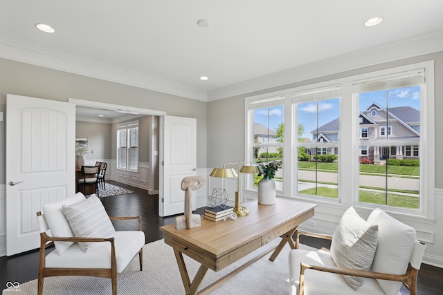 2485 Alexandra Dr, Carmel, IN 46074 - living room featuring dark wood finished floors, healthy amount of natural light, crown molding, recessed lighting, and a wainscoted wall