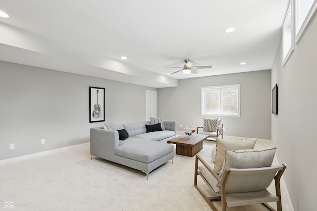 2485 Alexandra Dr, Carmel, IN 46074 - living room featuring a ceiling fan, recessed lighting, light carpet, and baseboards
