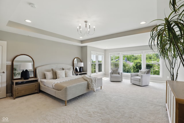 2485 Alexandra Dr, Carmel, IN 46074 - bedroom featuring light colored carpet, recessed lighting, a chandelier, a raised ceiling, and baseboards