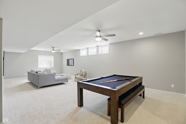 2485 Alexandra Dr, Carmel, IN 46074 - rec room featuring light carpet, a ceiling fan, pool table, recessed lighting, and baseboards
