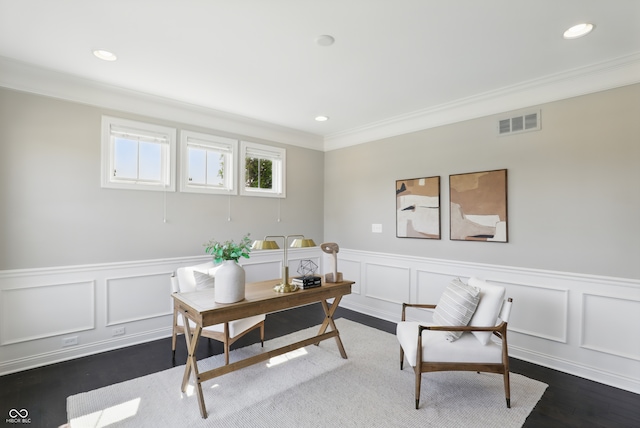 2485 Alexandra Dr, Carmel, IN 46074 - office with ornamental molding, a decorative wall, a wainscoted wall, dark wood-style floors, and recessed lighting