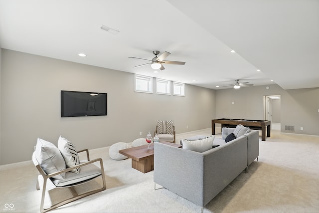2485 Alexandra Dr, Carmel, IN 46074 - living room with ceiling fan, recessed lighting, light carpet, and billiards