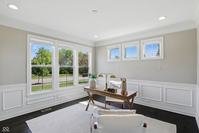 2485 Alexandra Dr, Carmel, IN 46074 - office featuring crown molding, wainscoting, dark wood-type flooring, recessed lighting, and a decorative wall