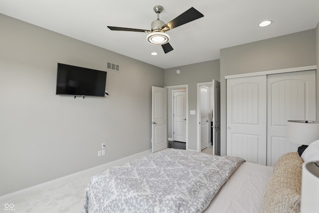 2485 Alexandra Dr, Carmel, IN 46074 - carpeted bedroom featuring a closet, baseboards, ceiling fan, and recessed lighting