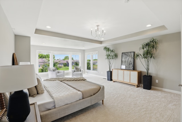 2485 Alexandra Dr, Carmel, IN 46074 - bedroom featuring a tray ceiling, baseboards, a chandelier, recessed lighting, and carpet