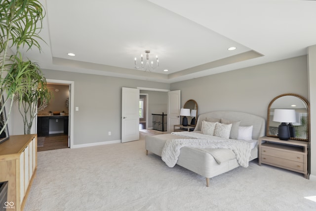 2485 Alexandra Dr, Carmel, IN 46074 - bedroom with a raised ceiling, light carpet, recessed lighting, a chandelier, and baseboards