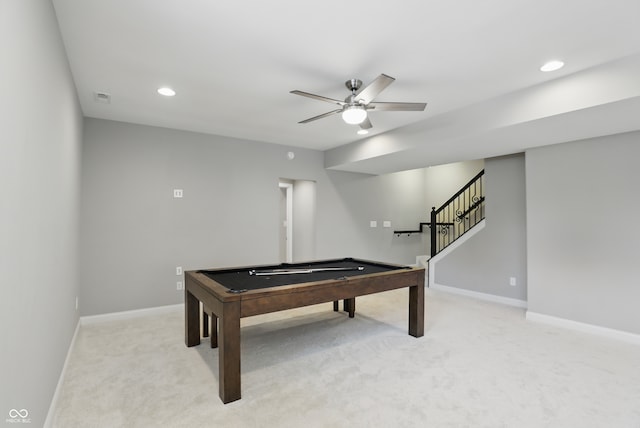 2485 Alexandra Dr, Carmel, IN 46074 - playroom with light carpet, billiards, a ceiling fan, baseboards, and recessed lighting