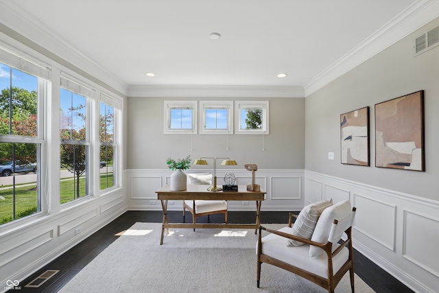 2485 Alexandra Dr, Carmel, IN 46074 - home office featuring crown molding, dark wood-style flooring, a decorative wall, a wainscoted wall, and recessed lighting