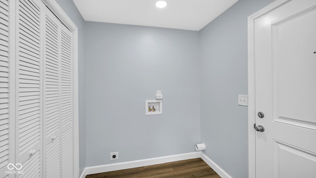 3106 N Harding St, Indianapolis, IN 46208 - laundry area with hookup for an electric dryer, hookup for a washing machine, baseboards, dark wood-type flooring, and recessed lighting