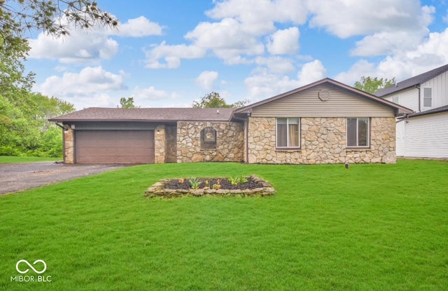 8102 Sycamore Springs Trl, Indianapolis, IN 46239 - view of front of home featuring stone siding, asphalt driveway, a garage, and a front lawn