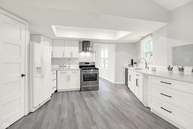 9002 Walton St, Indianapolis, IN 46231 - kitchen with appliances with stainless steel finishes, wall chimney exhaust hood, a sink, a raised ceiling, and light wood-type flooring