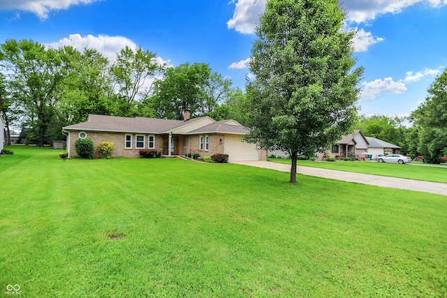 9002 Walton St, Indianapolis, IN 46231 - ranch-style home with concrete driveway, a garage, brick siding, a chimney, and a front lawn