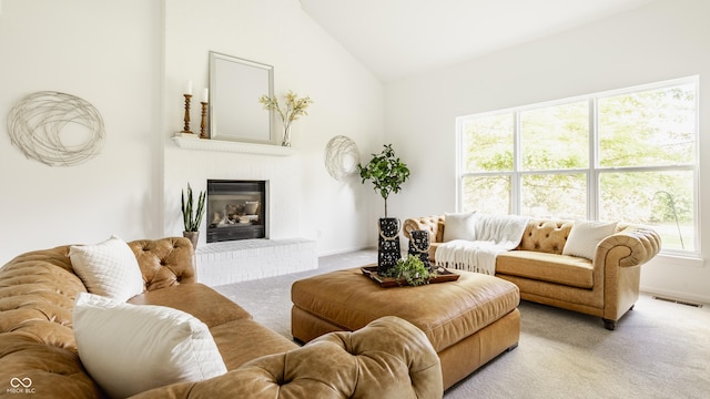 734 Richland Way, Westfield, IN 46074 - carpeted living room with vaulted ceiling, a fireplace, and baseboards
