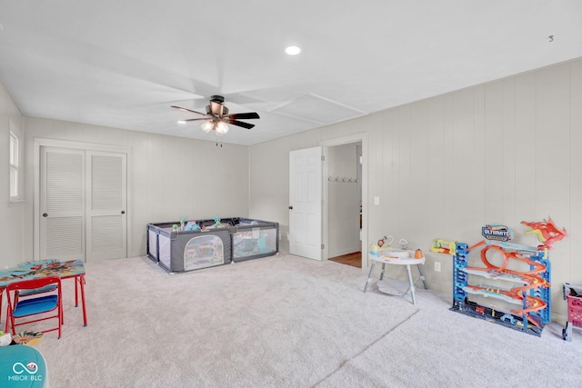225 E Norris Hts, North Vernon, IN 47265 - bedroom with attic access, carpet floors, a ceiling fan, and recessed lighting