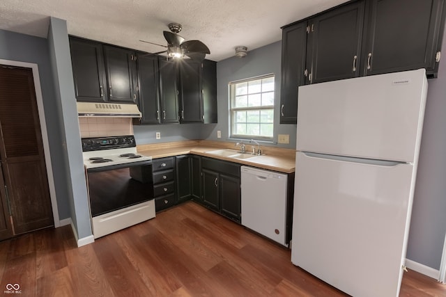 1708 Mason Dixon Dr S, West Lafayette, IN 47906 - kitchen with white appliances, range hood, a sink, ceiling fan, and light countertops