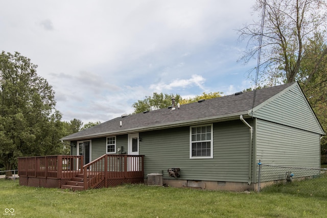 1708 Mason Dixon Dr S, West Lafayette, IN 47906 - back of house with crawl space, a deck, a lawn, roof with shingles, and cooling unit