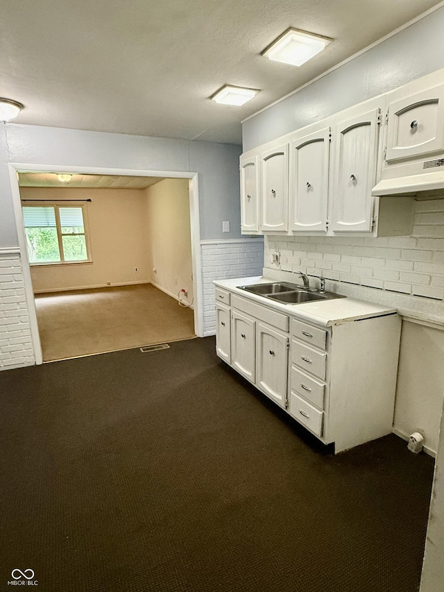 3325 Canaday Dr, Anderson, IN 46013 - kitchen featuring under cabinet range hood, a sink, dark carpet, white cabinets, and light countertops