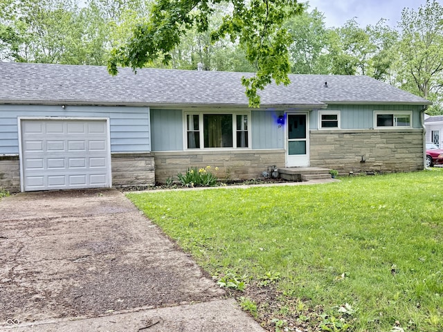 3325 Canaday Dr, Anderson, IN 46013 - single story home with stone siding, a shingled roof, driveway, and a front yard