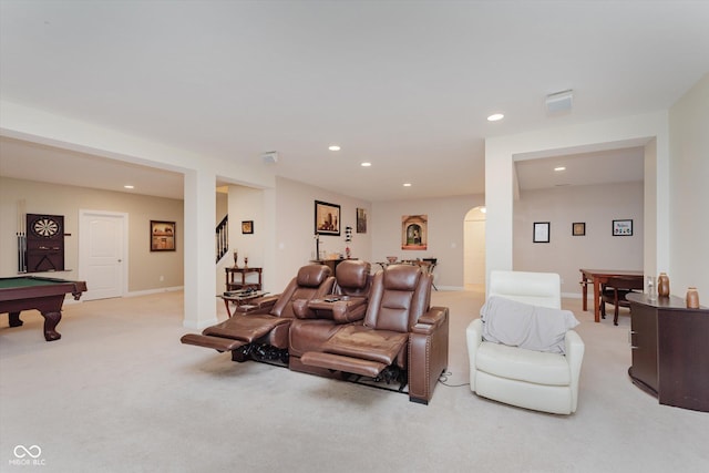 6337 Ederline Ln, Noblesville, IN 46062 - living area with billiards, light colored carpet, recessed lighting, arched walkways, and baseboards