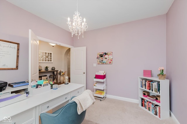 6337 Ederline Ln, Noblesville, IN 46062 - home office featuring light colored carpet, baseboards, and arched walkways