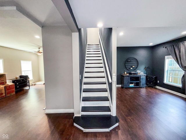 201 N Tacoma Ave, Indianapolis, IN 46201 - stairs with wood finished floors, baseboards, a ceiling fan, and recessed lighting